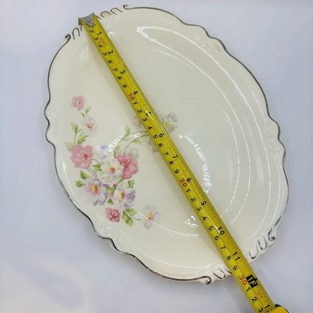 Vintage Homer Laughlin Floral Oval Serving Bowl‎ Silver Trim USA 11.5